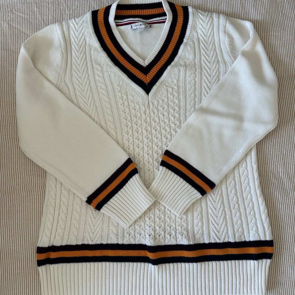 Tommy Hilfiger White V-Neck Sweater with Black and Gold Stripes